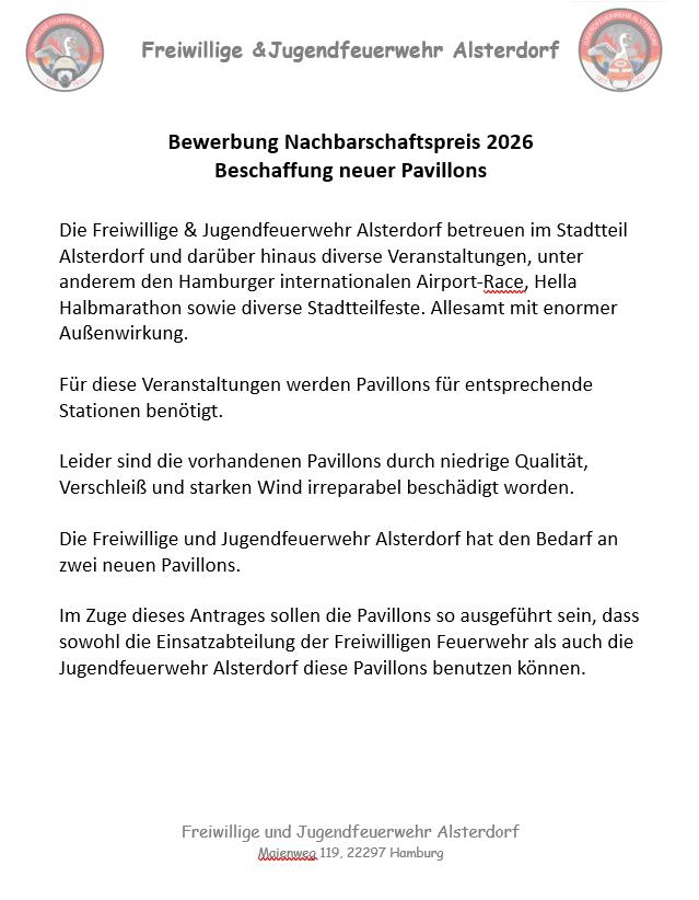 Dokument der Freiwilligen & Jugendfeuerwehr Alsterdorf mit Logos links/rechts, Titel Bewerbung Nachbarschaftspreis 2026.