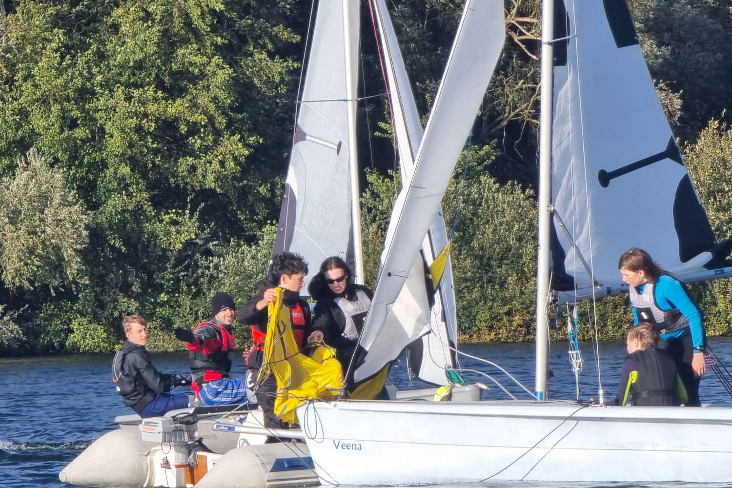 Mehrere Segelboote mit Jugendlichen in Segelkleidung und Rettungswesten auf einem See, grüne Ufer im Hintergrund.