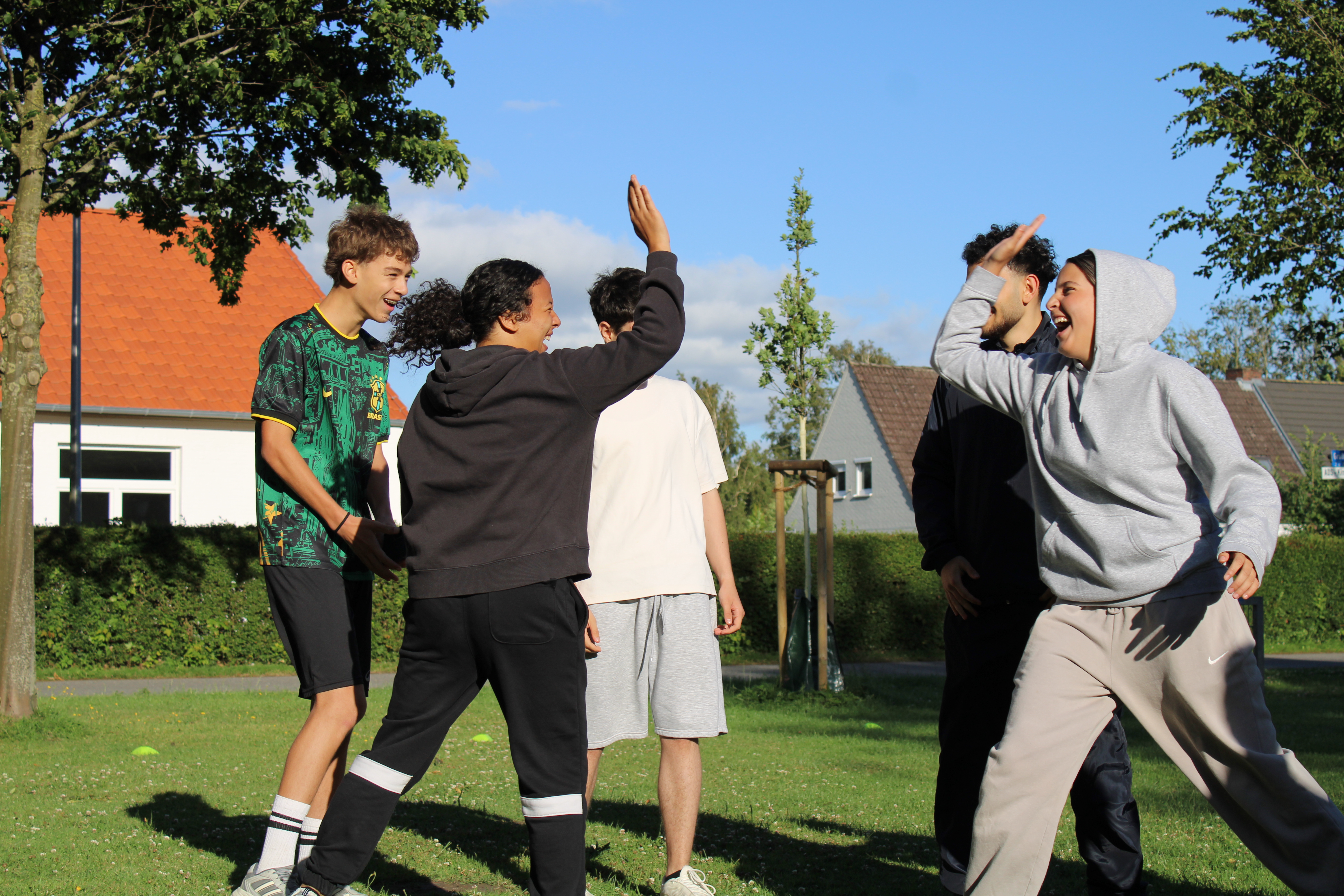 Gruppe Jugendlicher im Park, lacht und gibt sich High Five; Hintergrund mit roten Dächern und blauem Himmel.