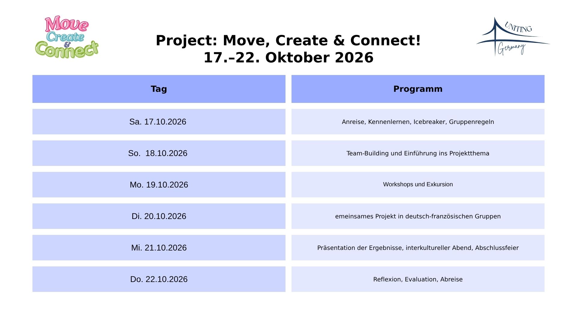 Plakat für Move, Create & Connect! mit Datum 17.–22.10.2026 und zweispaltigem Programmplan (Tag | Programm).